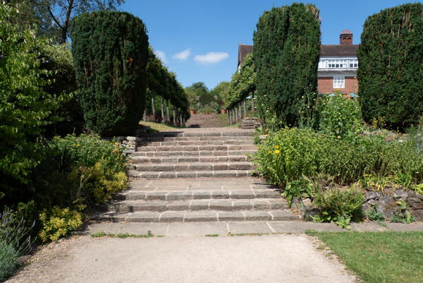 several sets of wide outdoor stone steps receding into the distance, planting on either side of the steps with a row of trees in the middle section.