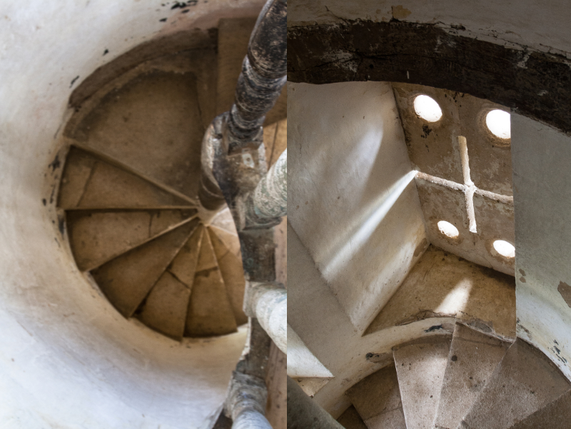 two colour images side by side of indoor spiralling stone steps with white walls, on the right a window in the shape of a cross letting in light