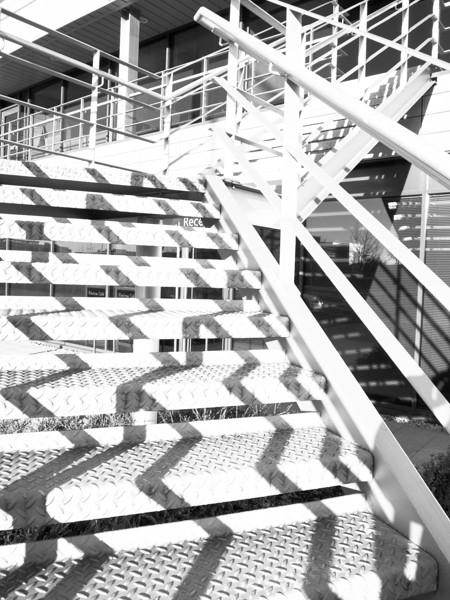 Black and white photograph of metal steps, painted white with zig zagged shadows and a white railing.